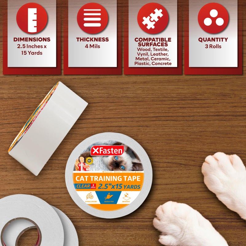 XFasten Anti-Scratch Cat Training Tape, Clear, 2.5-Inches x 15 Yards, 2.5-Inches x 15 Yards (3-Pack) Door, Couch, Furniture and Leather Scratch Guard Protector Tape for Cats and Pets - Image 3